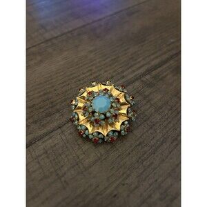 Vintage Faux Turquoise Enamel Red Rhinestone Starburst Brooch Gold Tone Metal